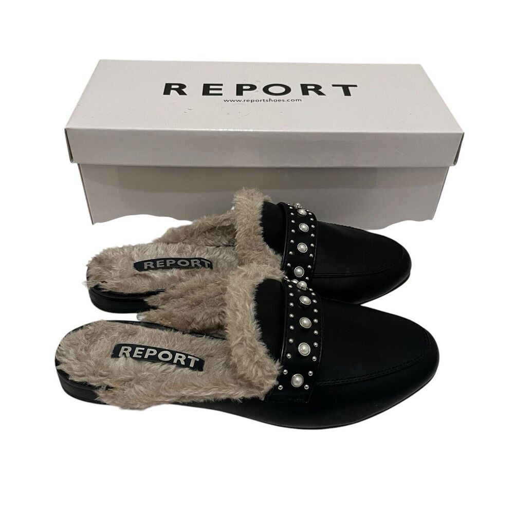 Report Zilla Black Faux Leather Fur Lined Studded Pointed Toe Slip On Mules 6.5